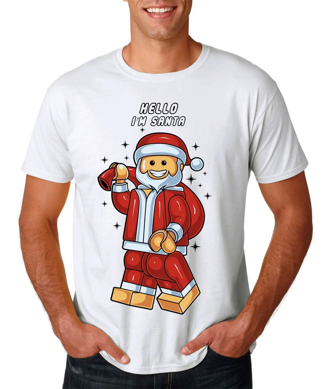 

HELLO IM SANTA LEGO CHRISTMAS DTG. full colour t SHIRT Cartoon t shirt men Unisex New Fashion tshirt Loose Size top ajax funny
