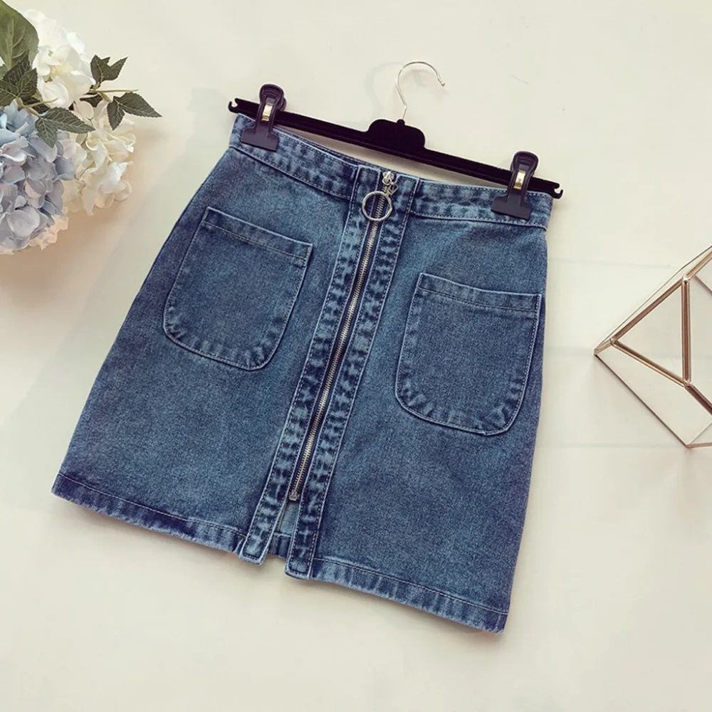 

Blue O-Ring Zipper Denim Skirt Women Solid Color Front Big Pockets Denim Skirt Casual Hig Waist Daily Short Jean Skirt Female