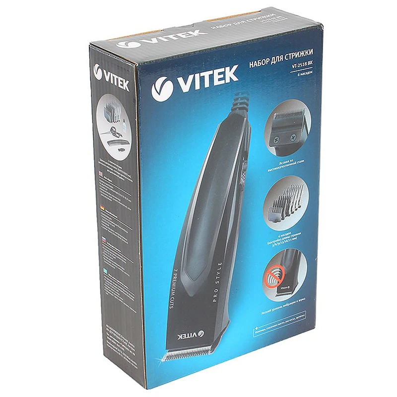 Набор для стрижки Vitek VT-2518BK (Длина стрижки 3-21 мм, работа от сети, 7Вт, материал лезвия - сталь, 6 насадок, длина провода 1.8 метра, низкий уровень вибрации и шума)