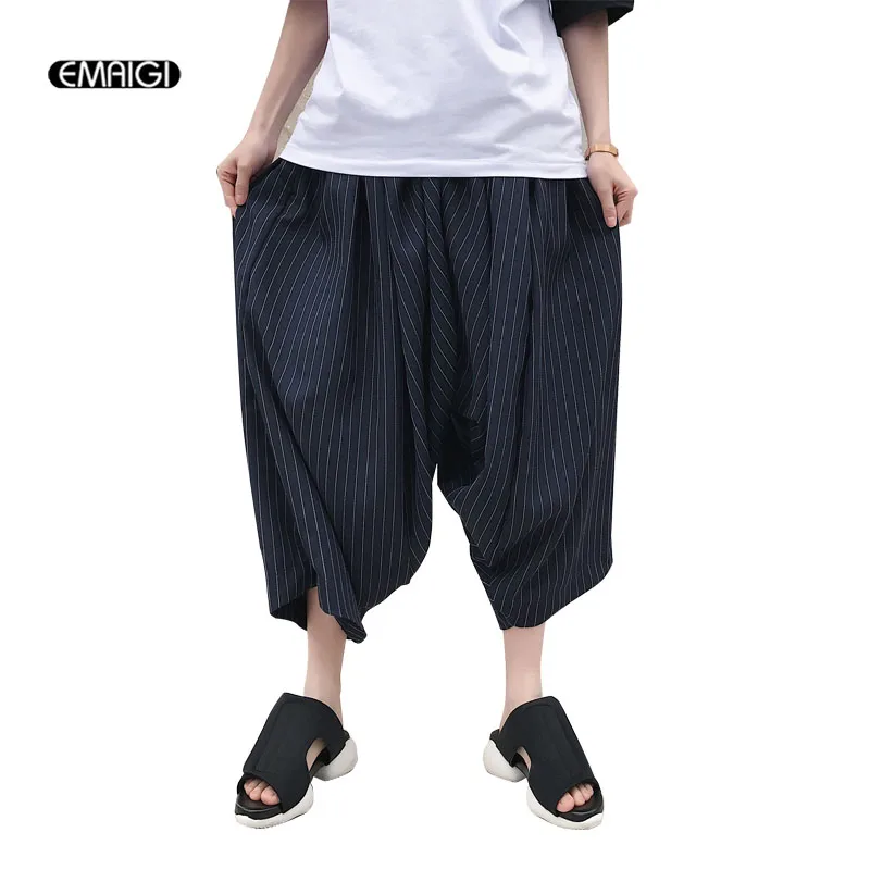 New Men Striped Loose Wide Leg Skirt Pant Male Japan Style Fashion