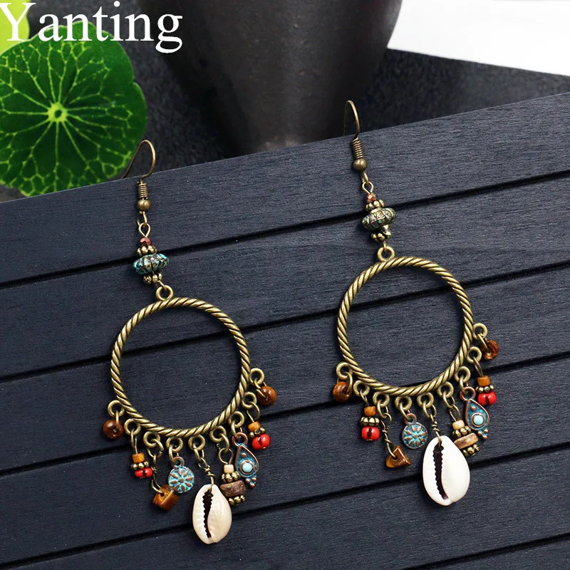 Yanting 2018 New Arrival Long Circle Earrings For Women Shell Tassel Small Beads Charms Female Brincos Earings Wholesale 097 | Украшения и
