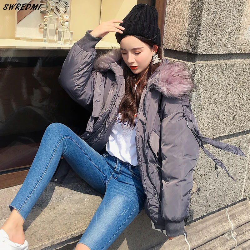 SWREDMI Women Winter Short Jacket Female Hooded Parkas Loose Cotton Padded Coat Mujer Thick Warm Slim Jacket Fur Collar