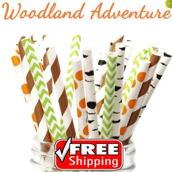 

200pcs Mix 4 Designs WOODLAND ADVENTURE Themed Paper Straws-Brown,Orange,Lime,Black-Stripe,Dot,Chevron,Birch,Zebra-Thanksgiving