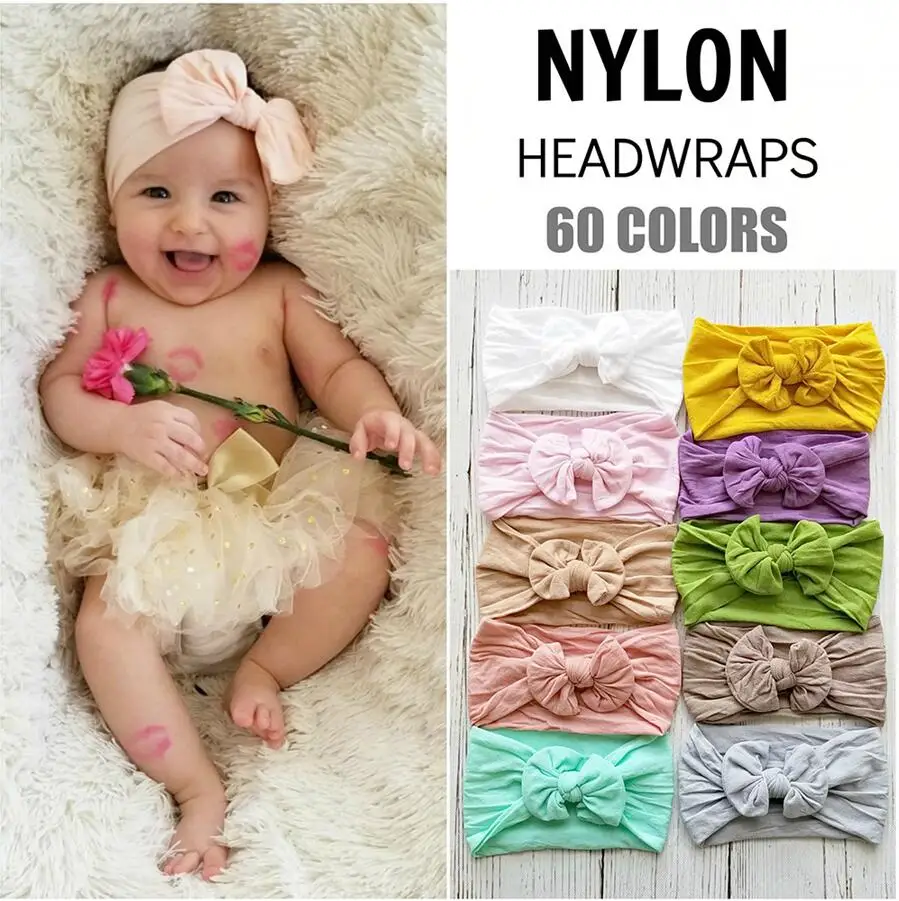 

18Colors Girl turban nylon headwrap Baby Soft Headbands with Bow Solid Color