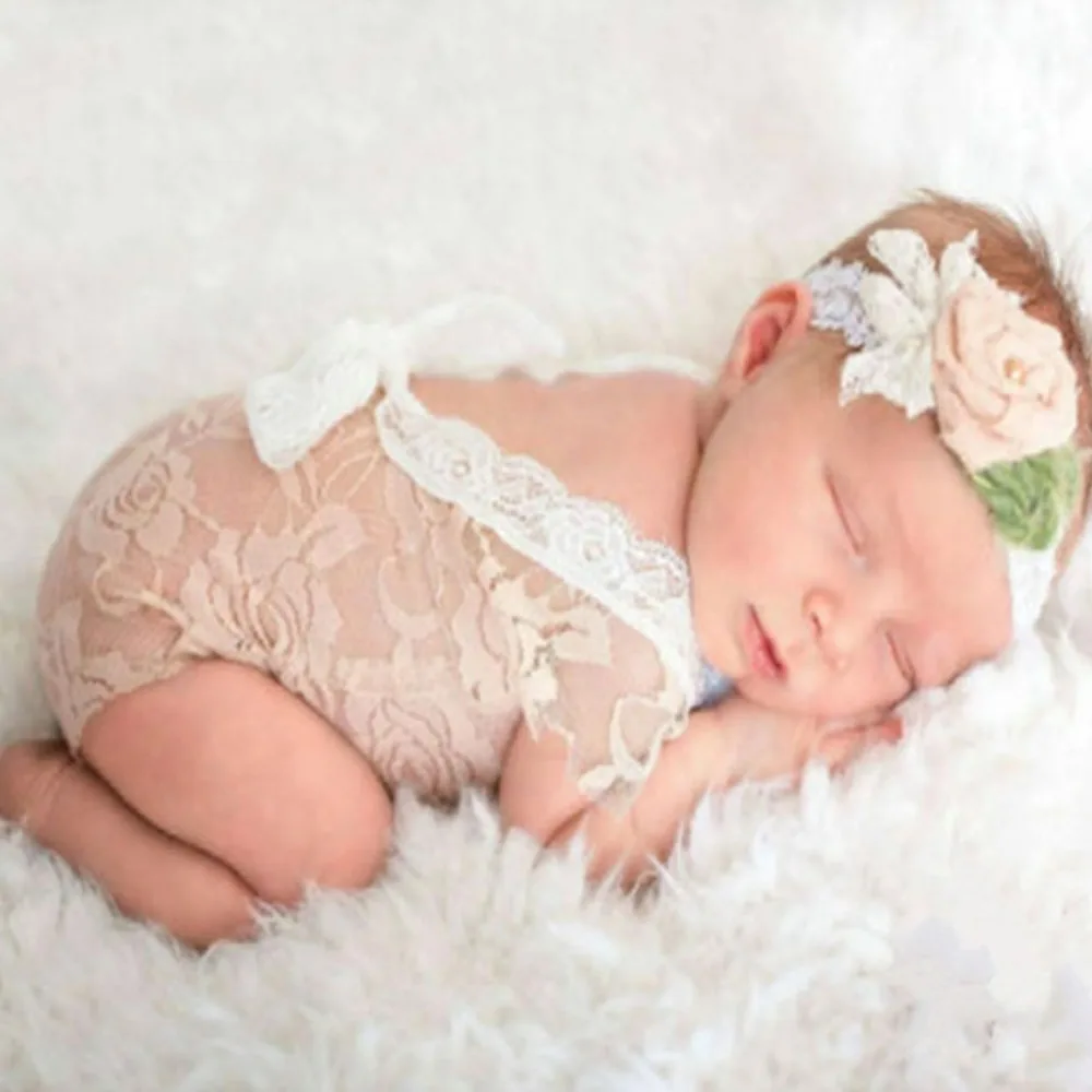 

2018 Cute Newborn Lace Romper Baby Photography Props Playsuit Baby Girl Princess Jumpsuit Infant Photo Props Costumes Cap Set