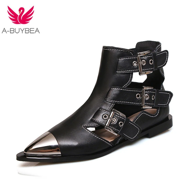 

Spring Autumn Black Genuine Leather Punk Short Boots Woman Metal Head Flat Sandals Pointed Toe Buckle Strap Rivet Women Boots