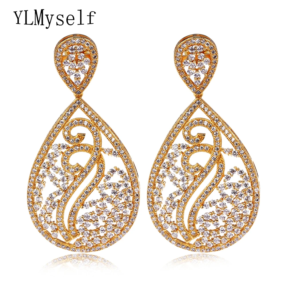 53mm Big Long Earrings Luxury Jewelry Gold and White Color Bijuteria Feminina Crystal Women CZ Earring for Wedding