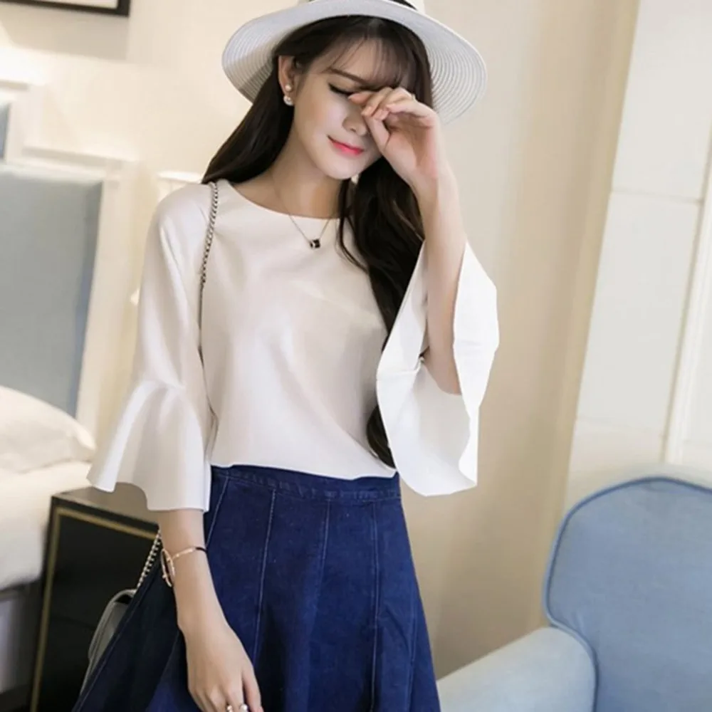 

Women Blouse Shirts Elegant Ruffles Women Tops Plus Size Flare Sleeve Solid Casual Loose Shirt