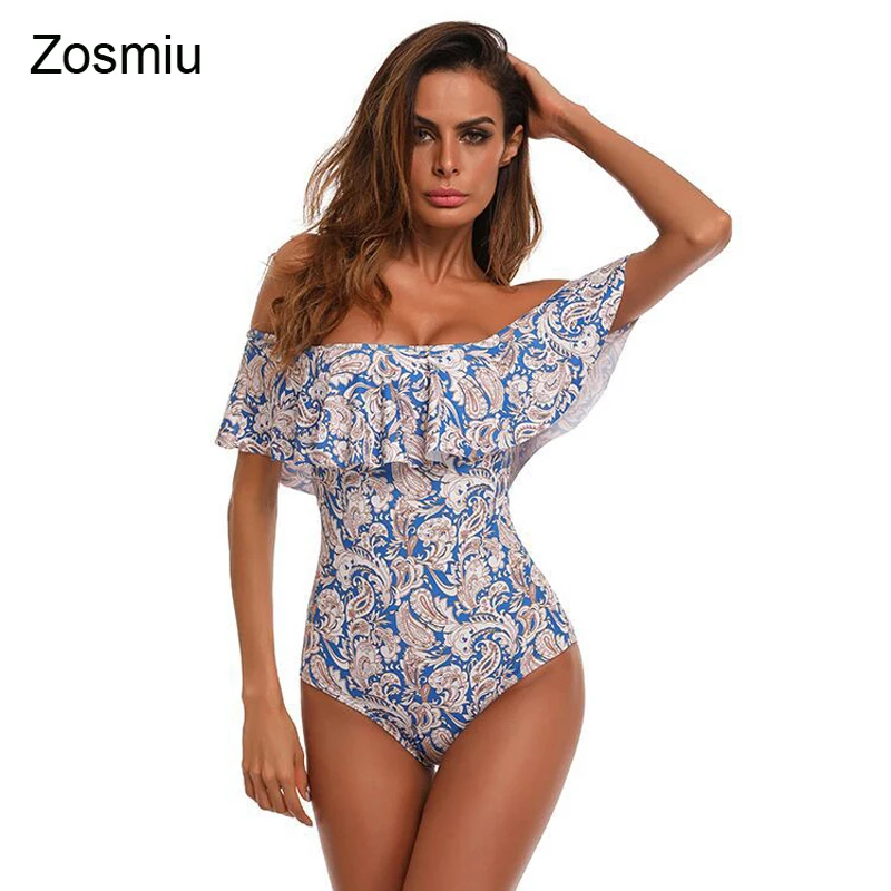 

Zosmiu Sexy Ruffle Off Shoulder One Pieces Feather Print Swimsuits Women Triangle Swimwear Monokini Brazilian Beach Bathing Suit