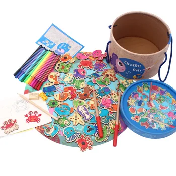 

Wooden magnetic fishing children's kittens and fish painting coloring set boys and girls baby educational toys