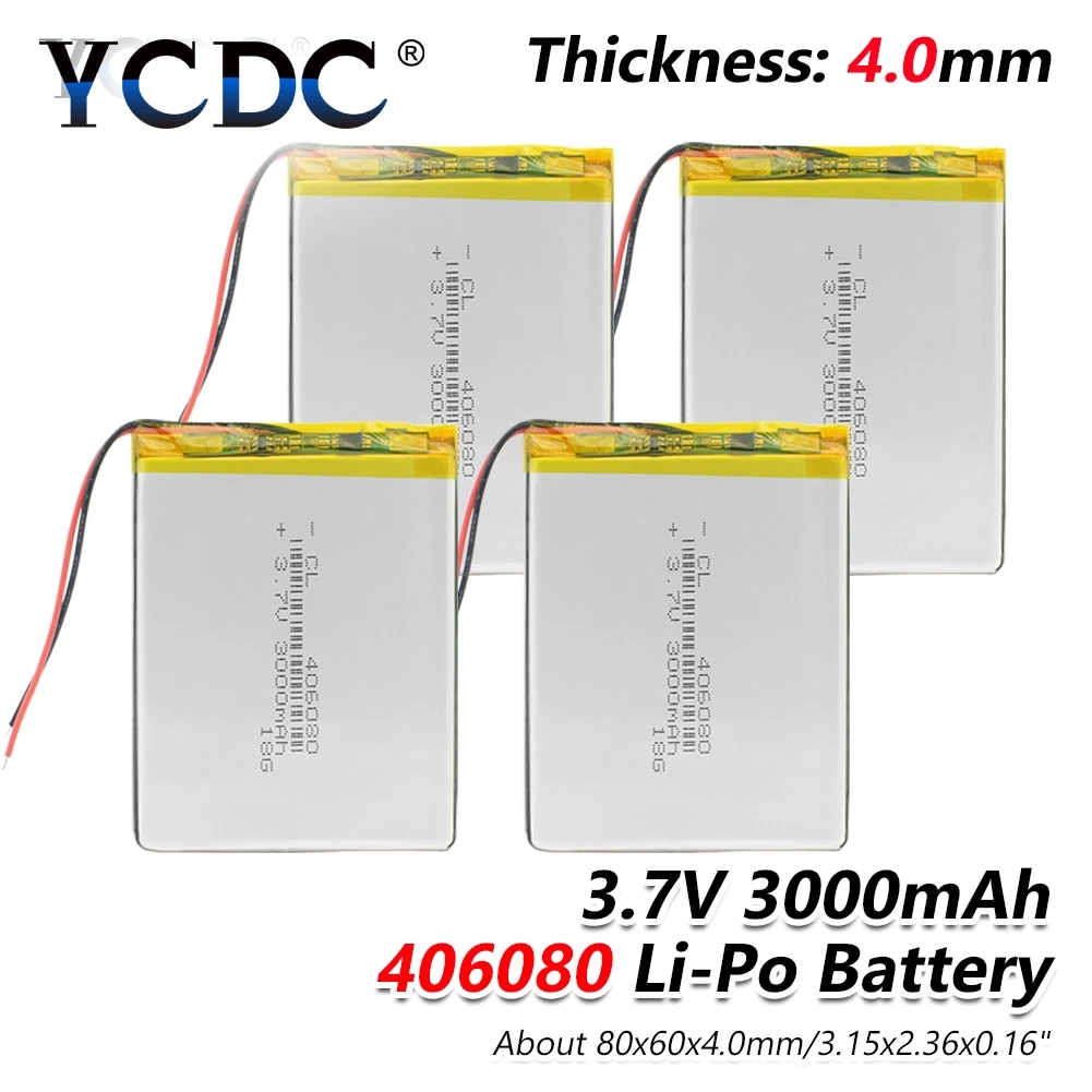 

3.7V 3000mAh 406080 Lithium Polymer li-polymer Li Po Rechargeable Battery 1/2/4Pcs For Tablet GPS Power Bank High Quality