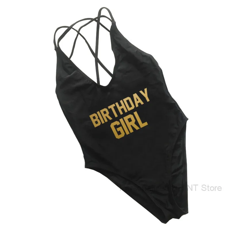 

BIRTHDAY GIRL Womens Strap One Piece Swimwear White Letter Print Bathing Suits Monokini Swimsuits for Birthday Gift Letter