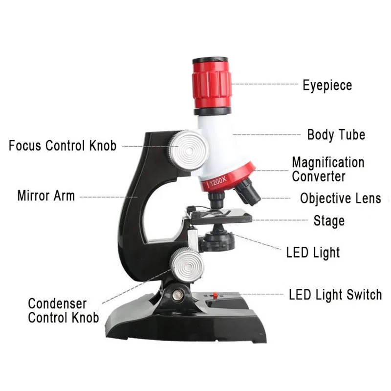 1200X Children Biological Specimen Microscope Kit & 12PCS Prepared Slides Science Educational Toys Gift for Kids Lab Instruments