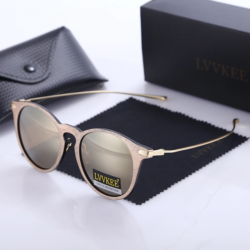 

LVVKEE Brand fashion women's sunglasses metal frame wood colored lenses Sun Glasses oculos de sol feminino Original LOGO box