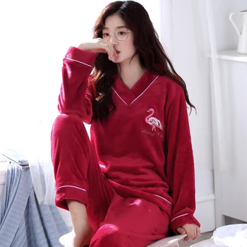 

Winter Warm Flannel Elegant Women Sleepwear Pajamas lady Cartoon Red Pajama Set Pullover Coral Fleece Pijamas Mujer Home Suits
