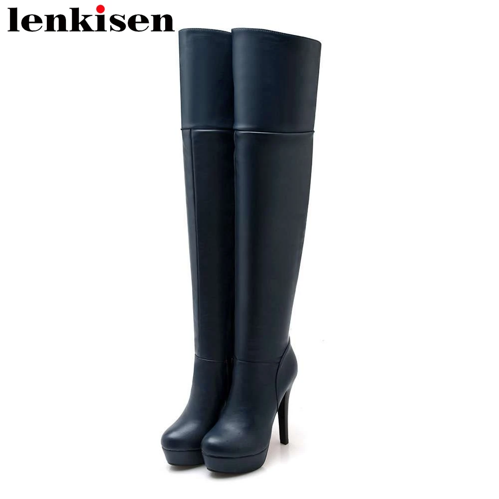 

Lenkisen pop thigh high shoes round toe thick super high heels pu solid zip big size 34-43 sexy women over-the-knee boots L3f2