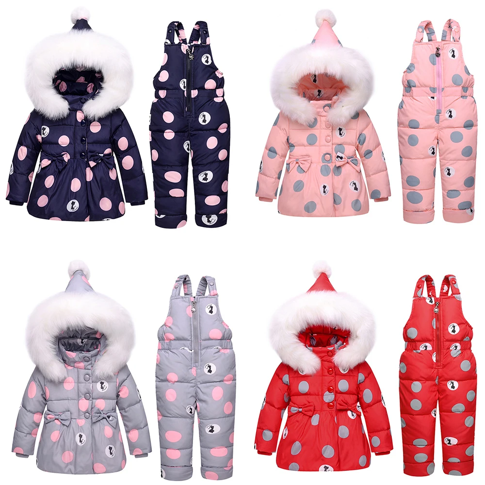 

4 Colors Baby Winter Overalls Snowsuit Warm Coat Duck Down Winter Baby Suit Bowknot Polka Dot Hoodies Jacket Winter Baby Suit