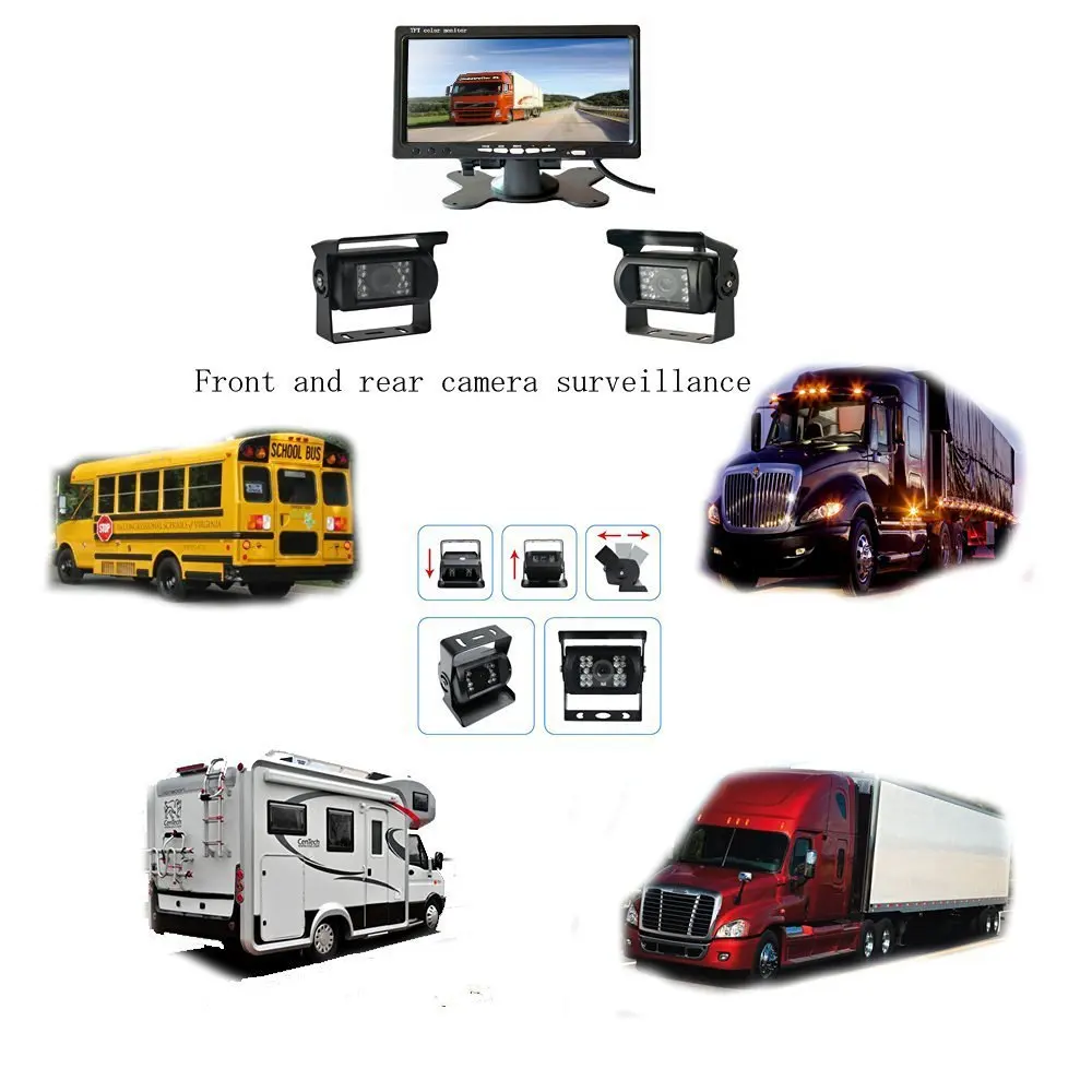 Podofo 7" LCD Dual Backup Camera Car Rear View Monitor Kit For Truck Bus RV Rearview Reverse Camera 18 IR LED Night Vision