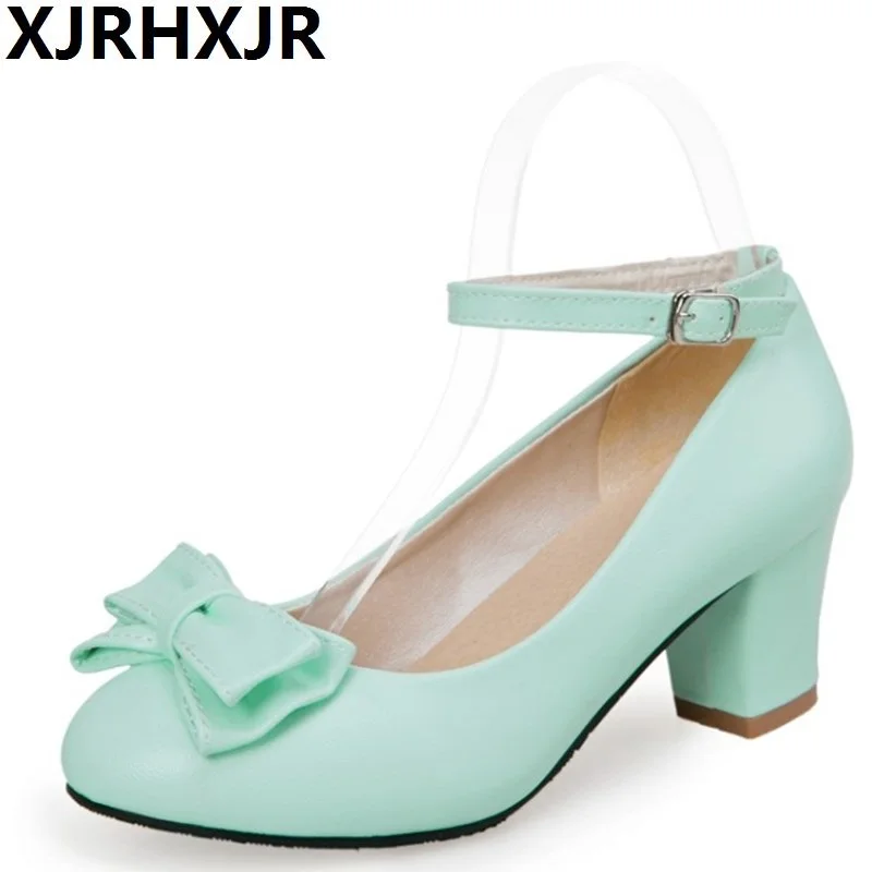 

XJRHXJR Spring Autumn Women's Shoes Gladiator Thick Heel Round Toe Young Girl Sweet Leather Shoes Ladies Pumps Big Size 34-43