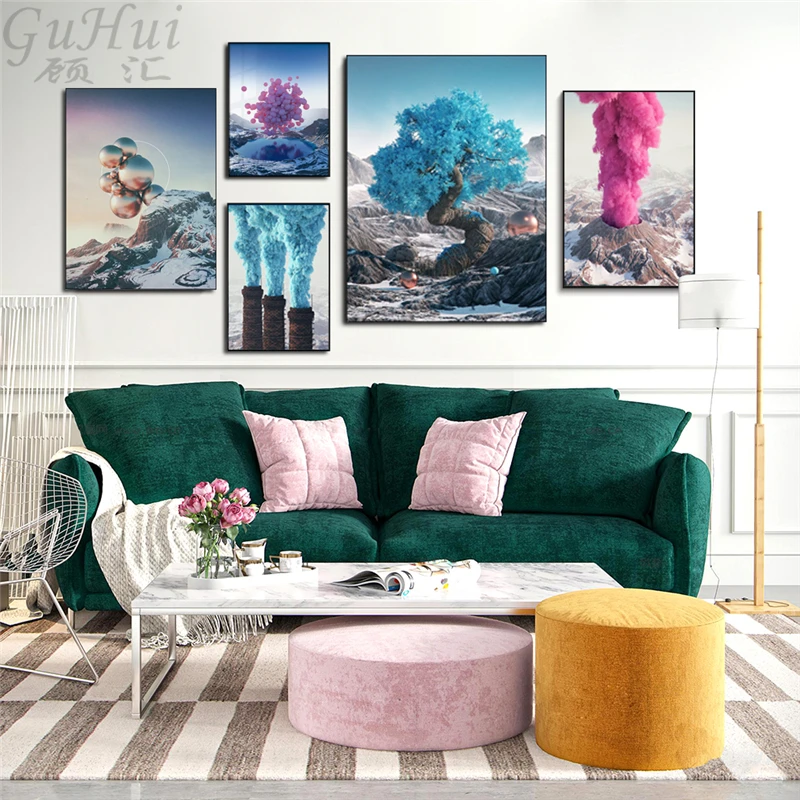 

Fantasy Pink Balloon Mountain Volcano Eruption Blue Tree Smoke Landscape Canvas Painting Art Poster Home Room Decor Wall Picture