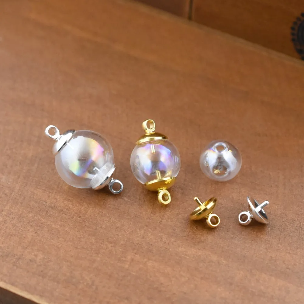

10set double hole Dazzle color glass ball with copper cap hollow glass bottle globe vial jewelry making accessories beads charms