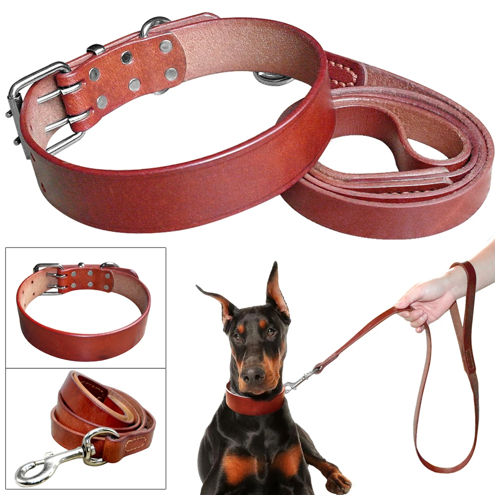 Conjunto de correa de cuero liso para perro, Collar ajustable de alta resistencia para perros pequeños, medianos y grandes, Pitbull Boxer S 2XL, color marrón|sets|set stampcollar interlining - AliExpress