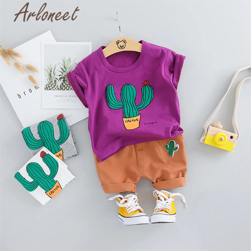 Одежда arloneet с героями мультфильмов для маленьких мальчиков футболка кактус Шорты мальчиков Забавные топы для детей пляжная рубашка 2 шт. 2019