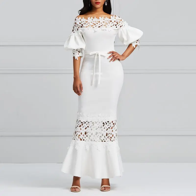

Long Dress Elegant Women White Mermaid Lace Party Dresses Plus Size Sexy Hollow Slash Neck Lace Up Bodycon Maxi Dress Vestidos