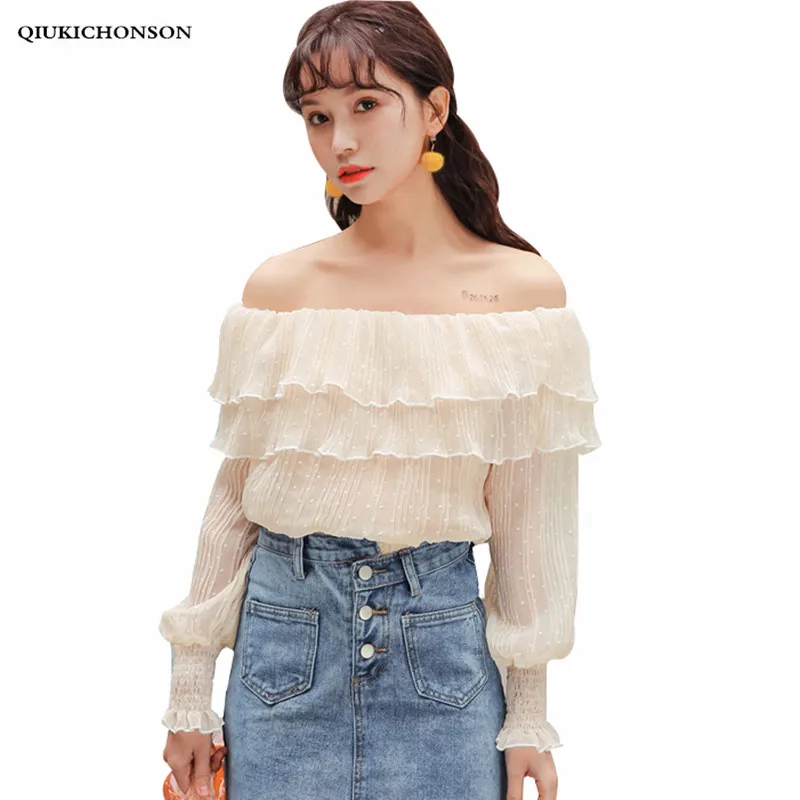 

Qiukichonson Sweet Ruffle Tops Ladies 2018 Summer Korean Style Double Ruffles Chiffon Blouses Off Shoulder Long Sleeve Shirts