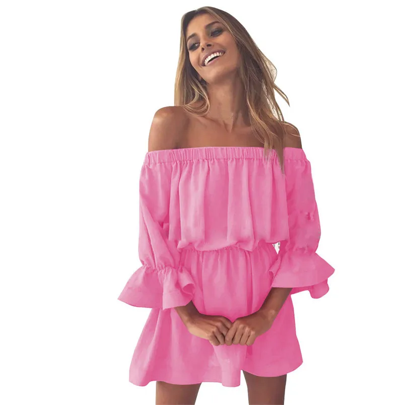 summer beach dress off the shoulder and mini three solid color daily casual dress beach summer for famele dropshipping 40AT208