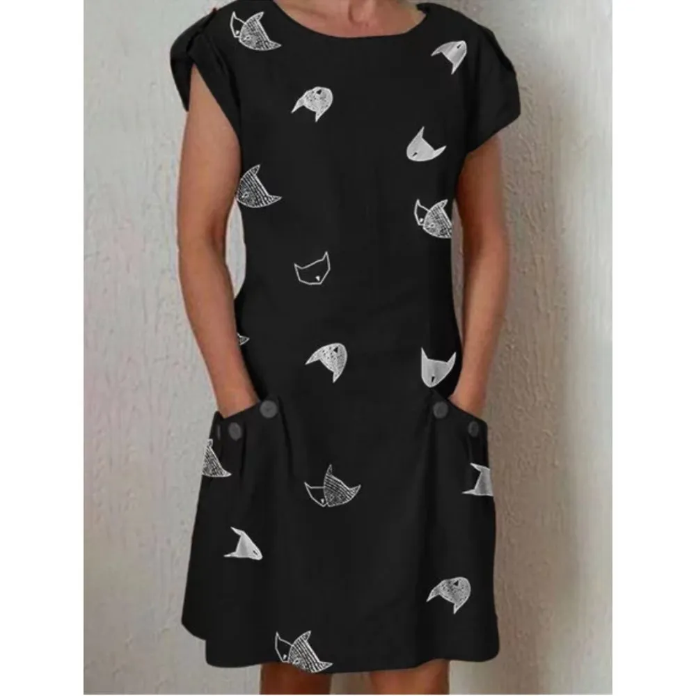 

Fashion 2019 Summer New Fashion Cat Print Dress Women Pockets Short Sleeve Straight Mini Dress Plus Size Casual Loose Dresses