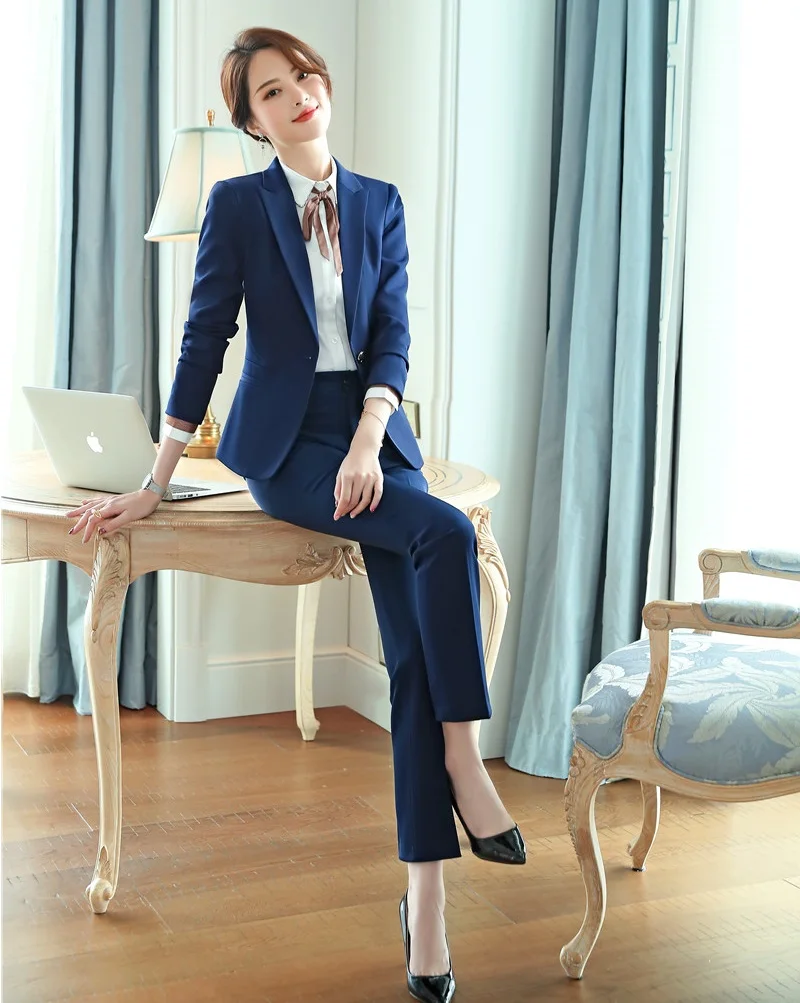 

Formal Ladies Pant Suits for Women Business Suits Blazer and Jacket Set Office Uniform Styles Navy Blue
