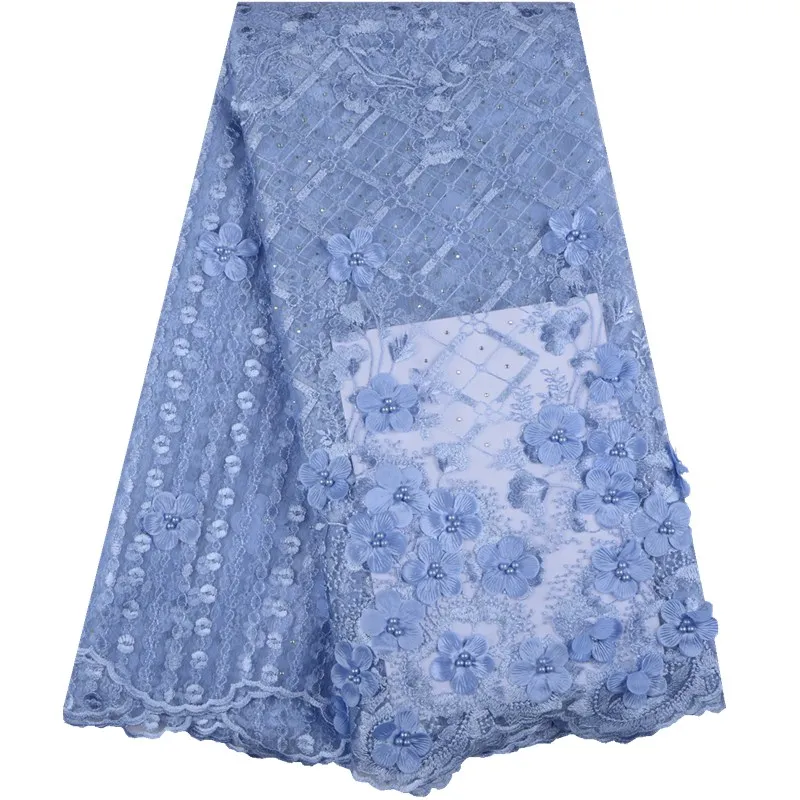 

2019 Latest French African Lace Fabric High Quality Beads African Embroidered Tulle 3D Lace Fabric for Wedding Sky Blue Y1543