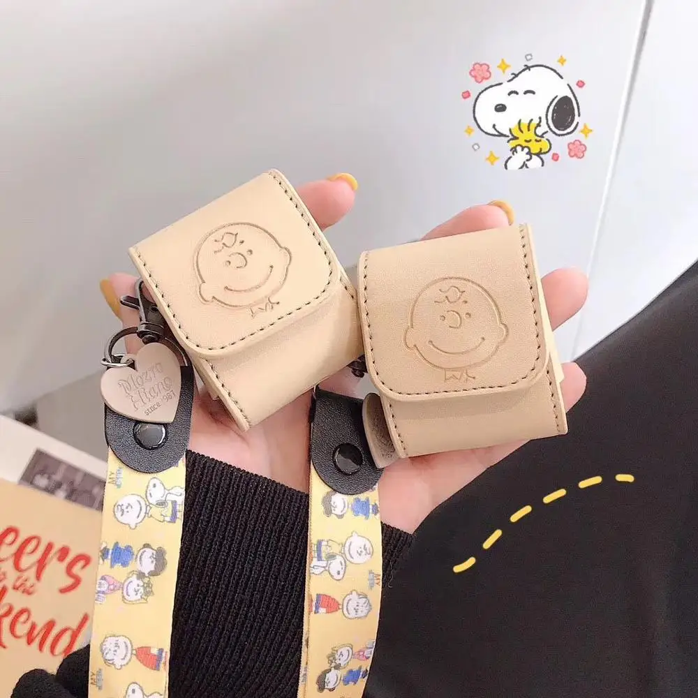 

Cartoon Charlie Brown PU Leather Wireless Bluetooth Earphone Case For Apple AirPods Silicone Headphones Cases With Strap