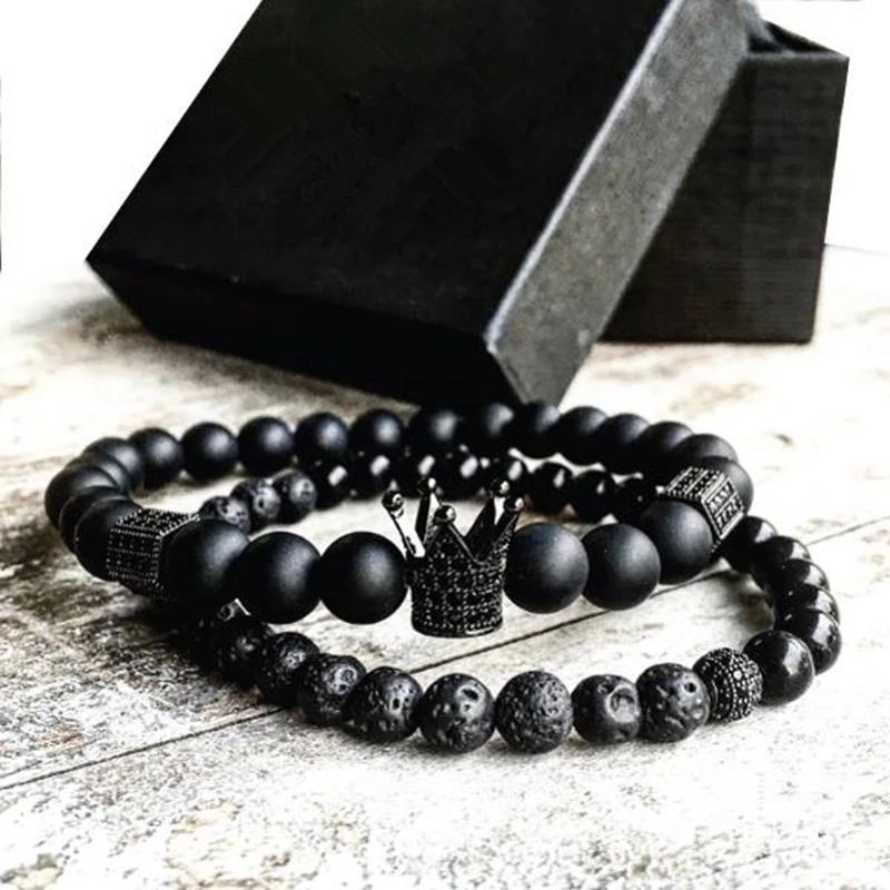 

Mcllroy natural stone bracelets bangles 2pc/set Crown Charm Natural Beads Bracelet for Women and Mens bileklik men jewelry gift