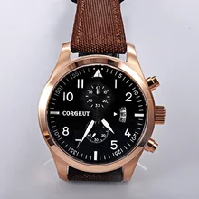 Corgeut new quality hot sell PVD case mixed strap of the cloth and leather Full Chronograph Men quartz watches