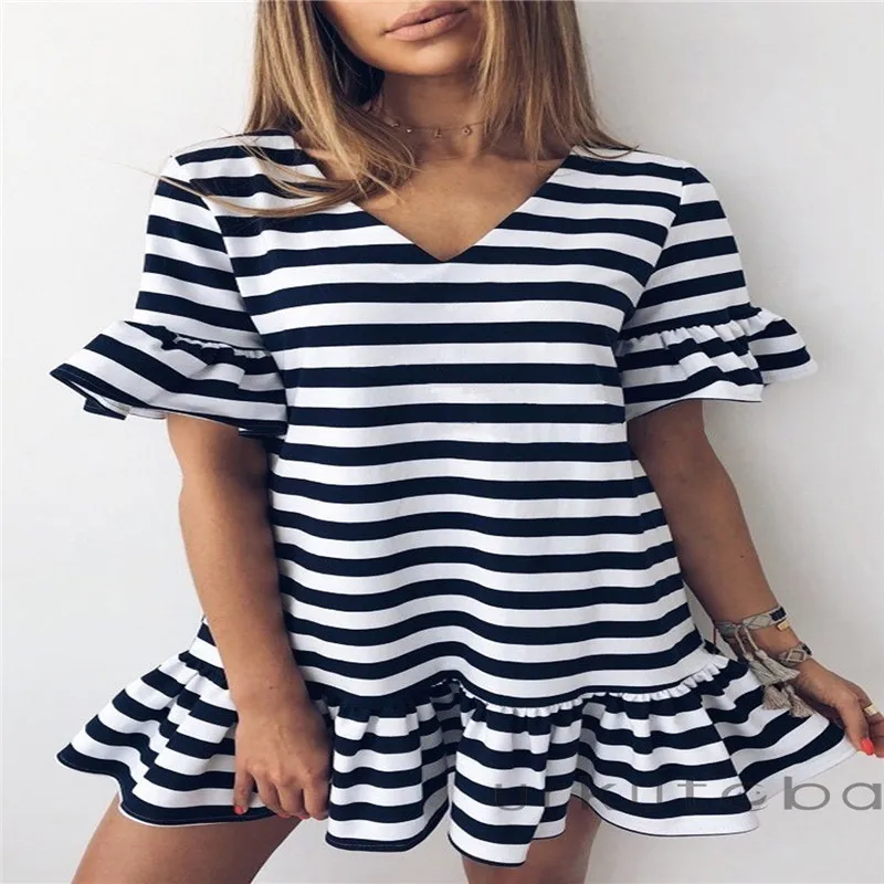 

Trendy Women dress Summer polyester casual V-neck Striped Casual Short Sleeve Mini Dresses one pieces