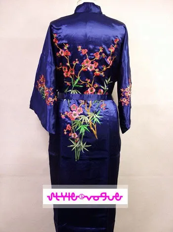 Черный Шелковый Атласный Женский халат с цветочной вышивкой, кимоно, халат, ночные рубашки, одежда для сна, S M L XL 2XL 3XL - Цвет: Blue