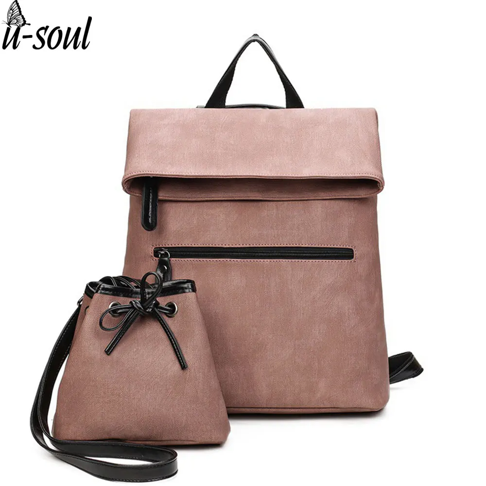 

new 2 pcs backpacks female pu leather backpack famous brand preppy style string women school bag girl travel bags backpack A328