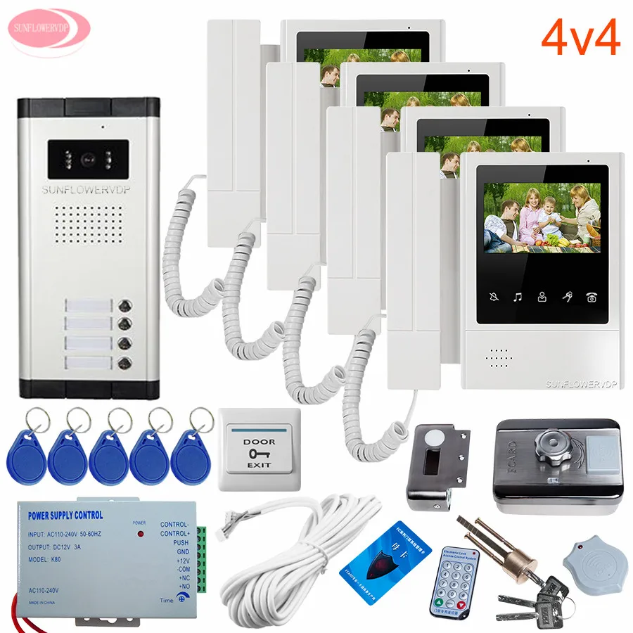 4 Apartments Color Video Door Phone Doorbell 4.3 '' Video Intercom for Private House Night Vision + Rfid Unlock Electronic Lock 4 Apartments Color Video Door Phone Doorbell 4.3 '' Video Intercom for Private House Night Vision + Rfid Unlock Electronic Lock