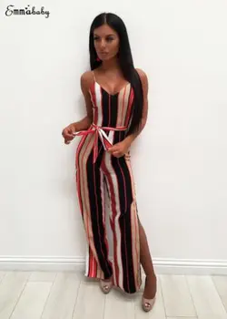 

Sexy Ladies Women Striped Loose Jumpsuit High Waist V Neck Female Clubwear Summer Playsuit Split Jumpsuit Trousers