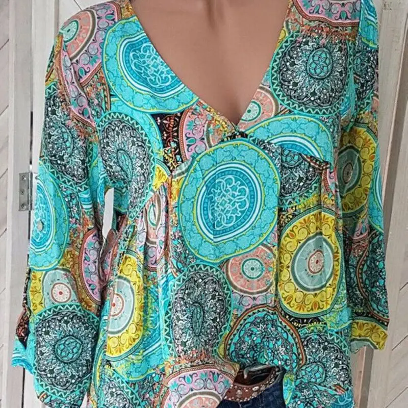 

2019 autumn women's blouse V-neck loose large size seven-point sleeve shirt printed shirt women