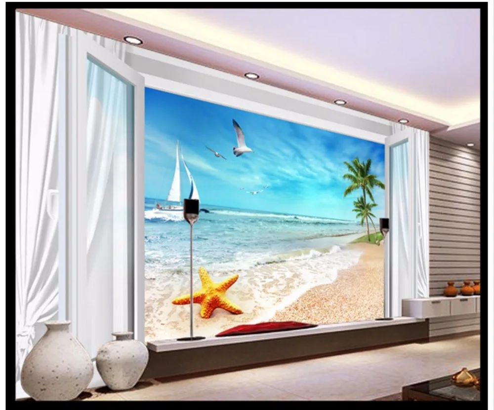 

High-end custom 3d wallpaper Mediterranean murals Blue Sky White Cloud 3d Window Starfish Beach Coconut Tree Background Wall
