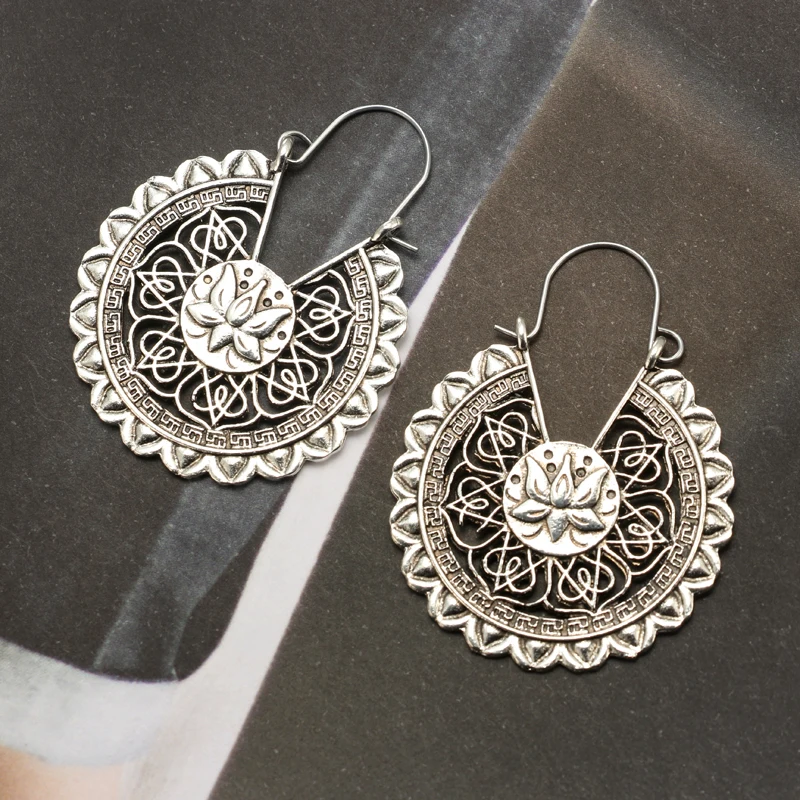 docona Bohemia Tribal Hollow Lotus Flower Drop Earrings for Women Vintage Antique Carved Circle Dangle Earring Pendientes 4495 - Image 4