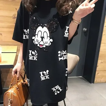 

New arrival Runway Summer T shirt Sequins dress casual mickey cartoon mouse print women femme tops oversize dresses vestidos