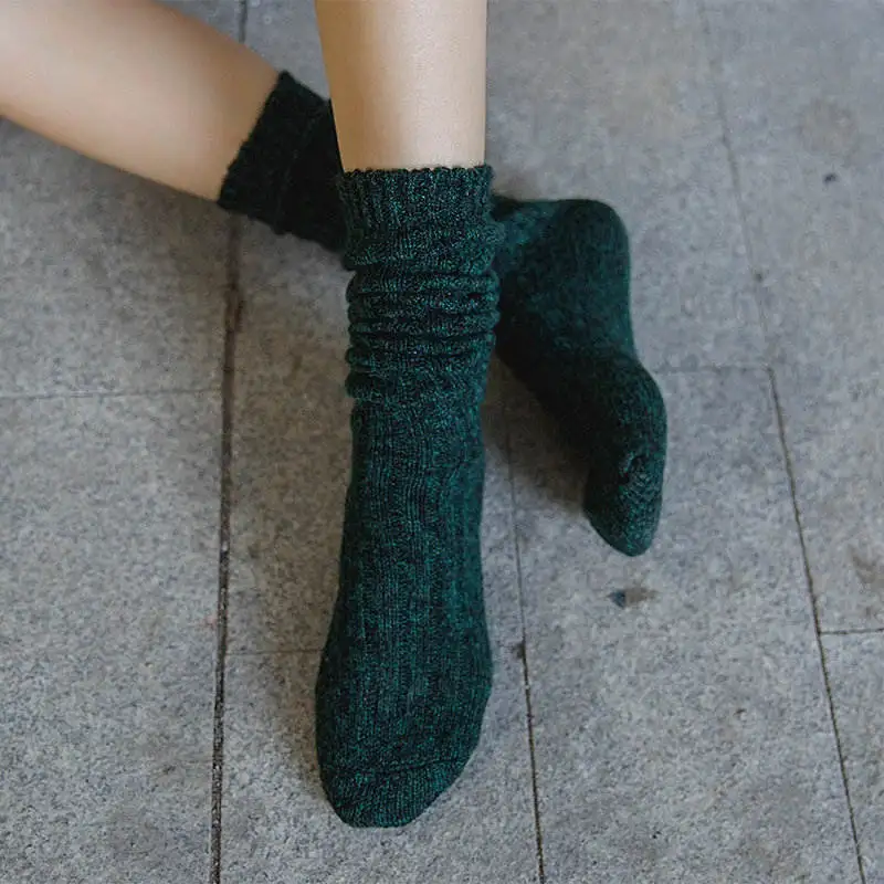 Винтажные женские длинные носки для высоких ботинок, осенне-зимние теплые носки, мягкие хлопковые вязаные чулочно-носочные изделия в стиле Харадзюку, женские плотные теплые носки - Цвет: Deep Green