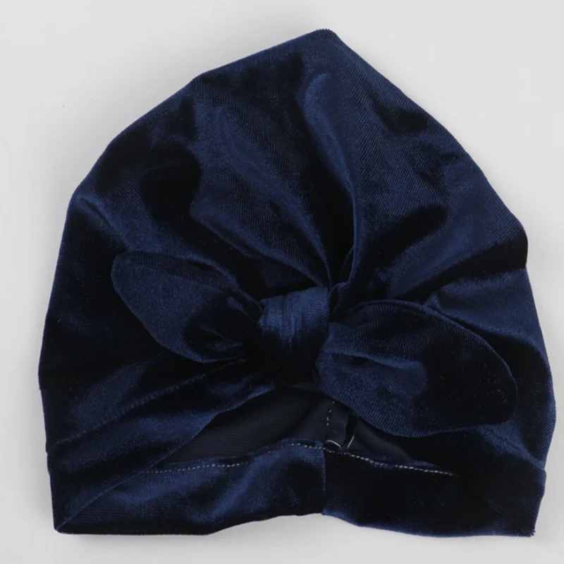 Новинка для новорожденного мягкий бархатный зимний бант твердая шляпа индийский тюрбан Кепка богемный стиль головной убор - Цвет: Тёмно-синий
