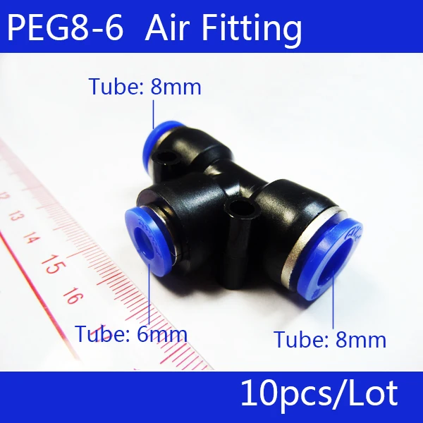 

Free shipping 10pcs PEG 8MM - 6MM Pneumatic Unequal Union Tee Quick Fitting Connector Reducing Coupler PEG8-6