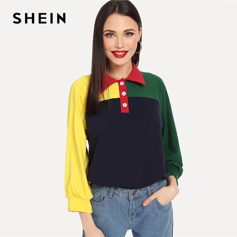 SHEIN/разноцветная Повседневная Толстовка с разрезом и пришитым пополам с цветными блоками, пуловеры с рукавом 3/4, женские осенние толстовки