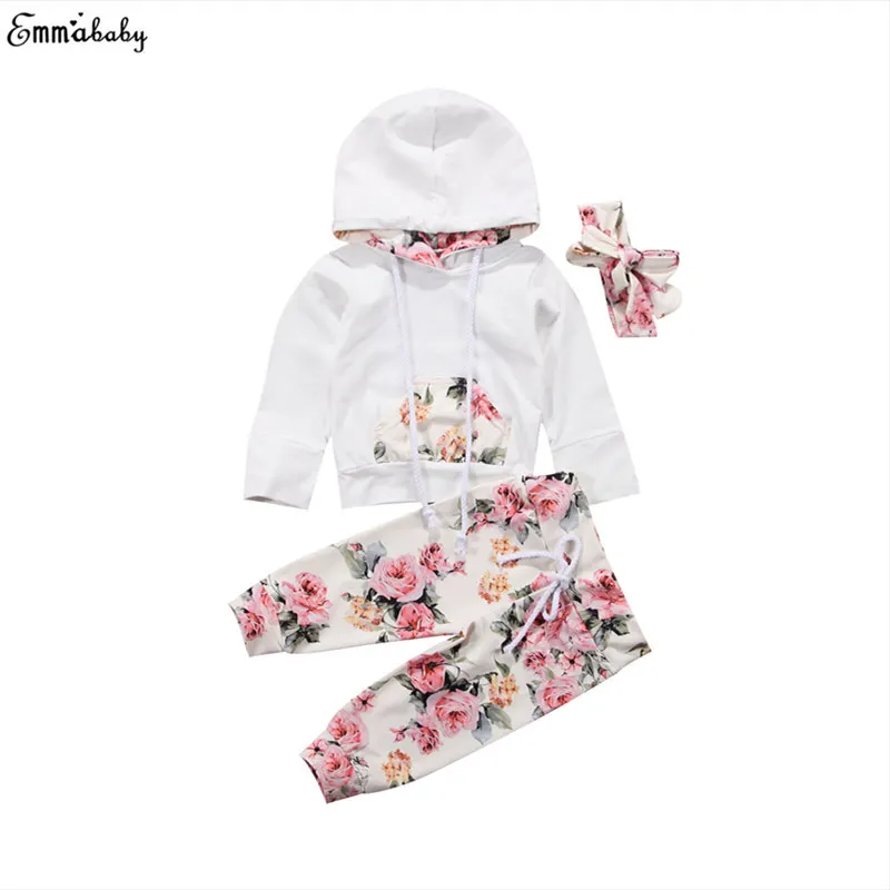 

Toddler Adorable Newborn Baby Girls Sweatshirt Outfits Tops Long Sleeve Hooded Pullover Floral Printed Pants Headband 3pcs Set